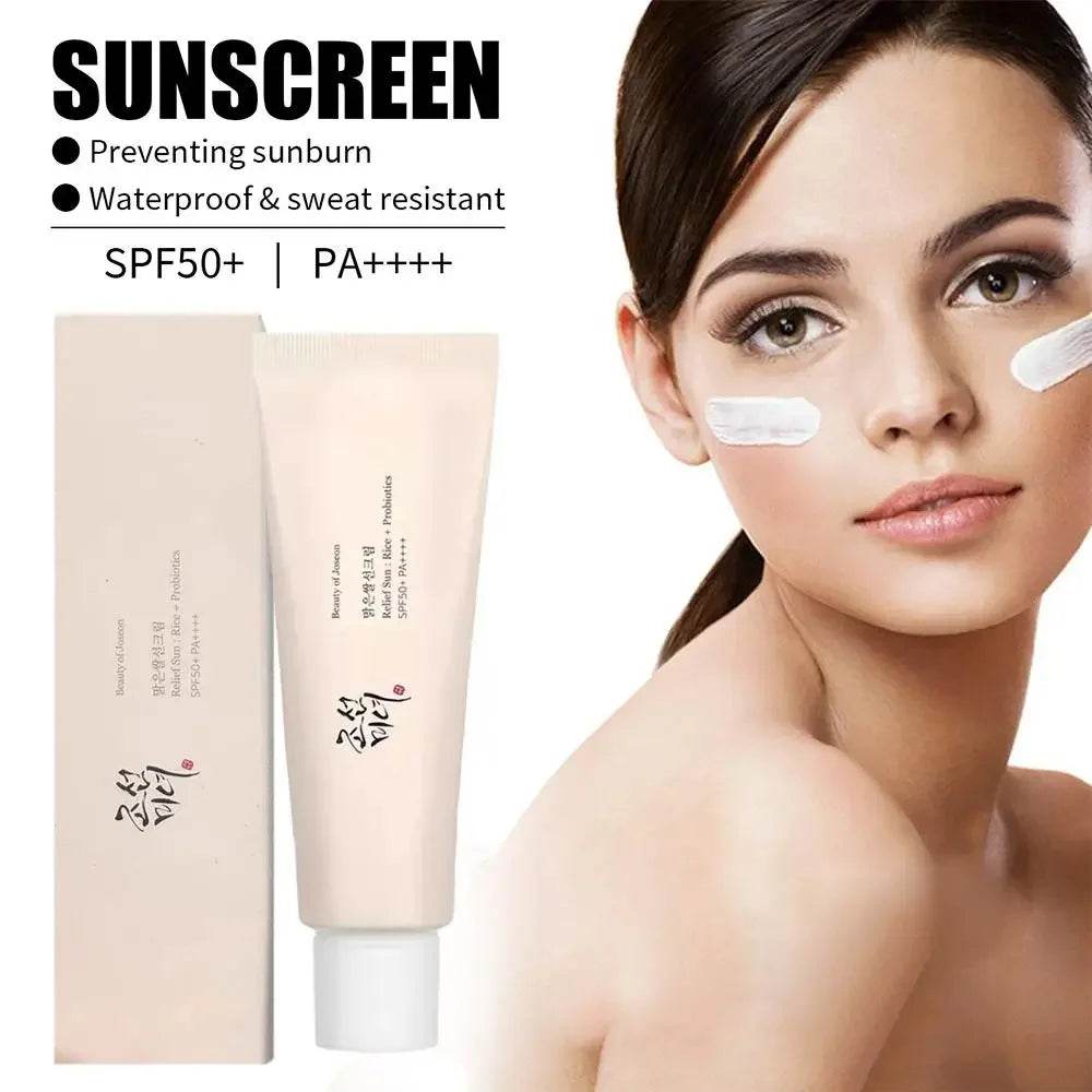 SPF50+ Sunscreen Korean Rice Probiotic Solar Blocker Skin Whitening Cream Anti UV Sun Block Facial Moisturizer Seaside Sunblock - Korean Glow